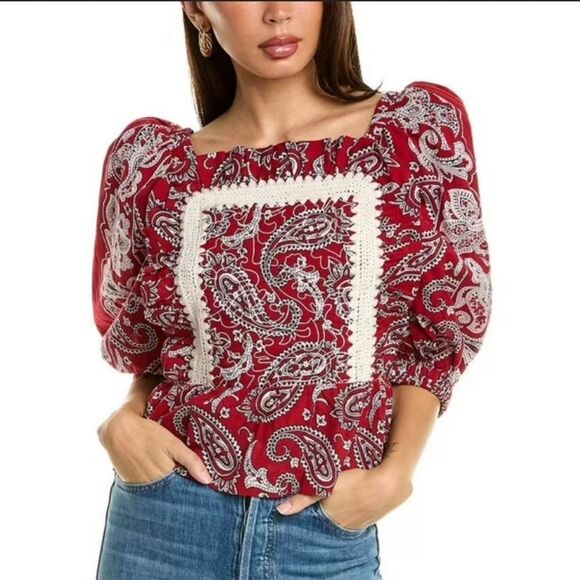 SEA NY Theodora Top 3/4 Puffy Sleeve Sz Medium Paisley Red Bohemian Adjustable - Picture 1 of 12